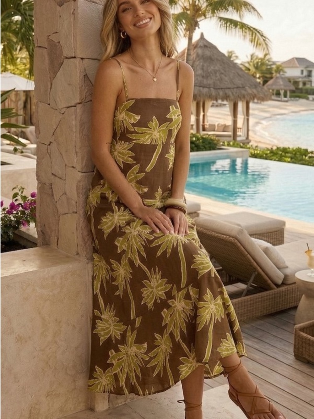 Brown Palm-Print Slip Dress - Womens